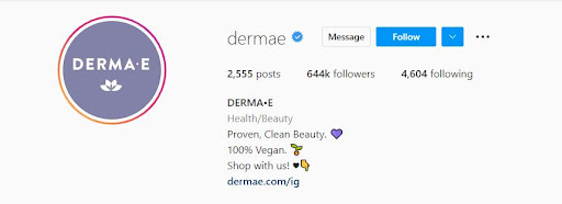 IG business profile of Dermae