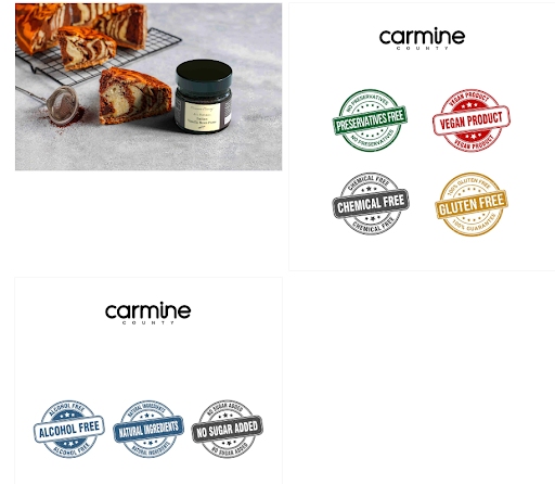 The image shows eg of Carmine you can Add an attractive graphic logo on your site and help customers feel confident that they'll get the best quality products from you.