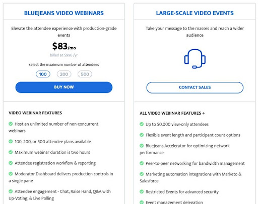 pricing of webinar tool bluejeans