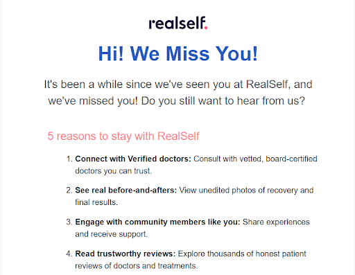 Screenshot of realself displaying example of win-back email.