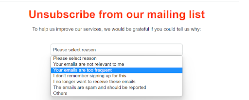 Screenshot of a dropdown menu asking for feedback when a user unsubscribes.