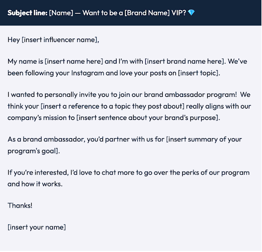 Screenshot of influencer outreach email template.