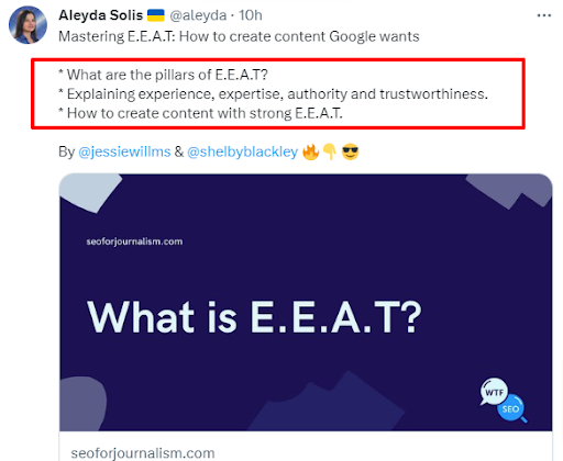 Snapshot of a tweet about SEO E.E.A.T.