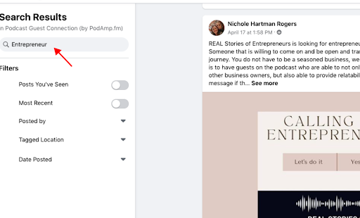 Continuing the above example, this is also a screenshot where to illustrate, suppose you aspire to appear on a business podcast. In that case, simply type "Business" or "Entrepreneur" to narrow your search and discover relevant opportunities.