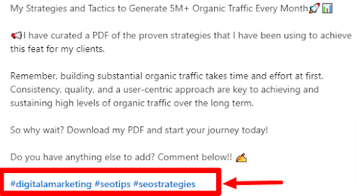 Snapshot os a linkedin post displaying various hashtags.