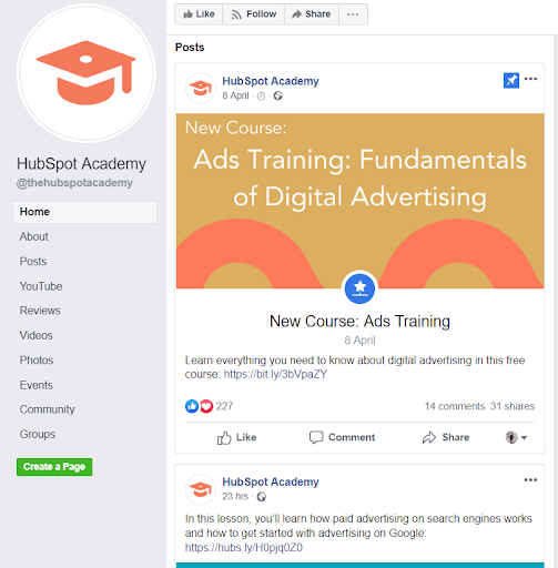 HubSpot Academy facebook page