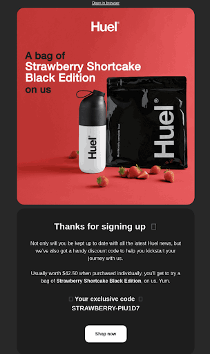 A 'Thanks for signing up' email from Huel brand.