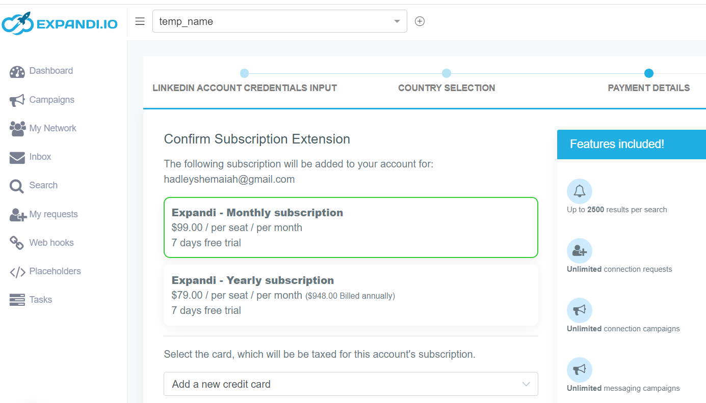 Expandi dashboard