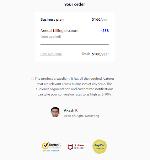 Checkout page uses trust badges. Screenshot of an order made and invoice generated at gateway.