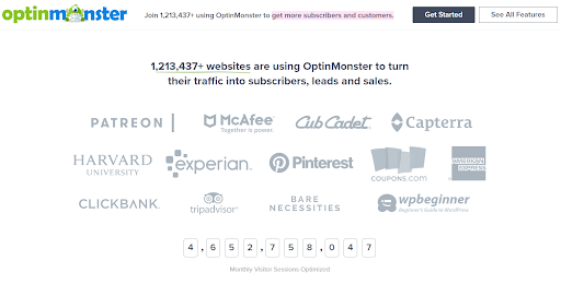 The image shows Optinmaster's features its top customers on the home page.