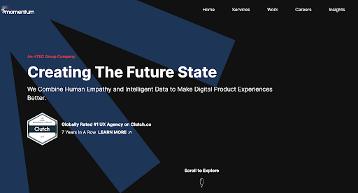 Screenshot of this design agency was rated the Top User Experience Company on Clutch.co for seven years in a row. They featured this accomplishment on their homepage.
