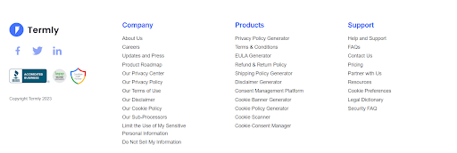Image shows Termly's features its BBB accreditation on its footer page.