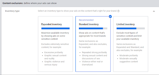 Select the inventory type for your ad campaign