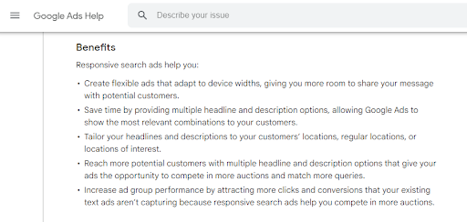 Scrrenshot of Google Ads Help that shows a list of benefits of using responsive search ads.