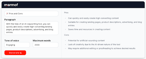 Marmof is an AI tool for writing that comes with a dedicated use case for building a pros and cons list