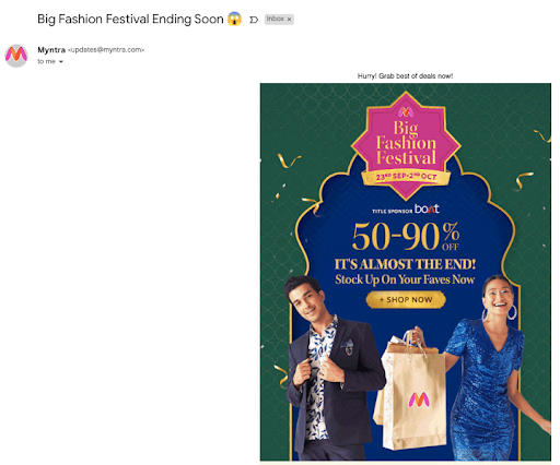 Myntra newsletters to create FOMO.