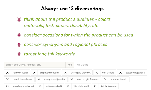 use all 13 tags to your product on etsy for best seo