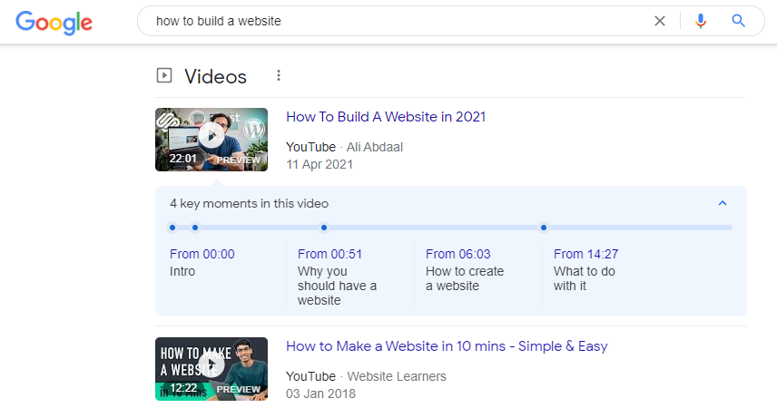 videos in google search